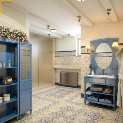 beige bathroom with french blue vanity and furniture