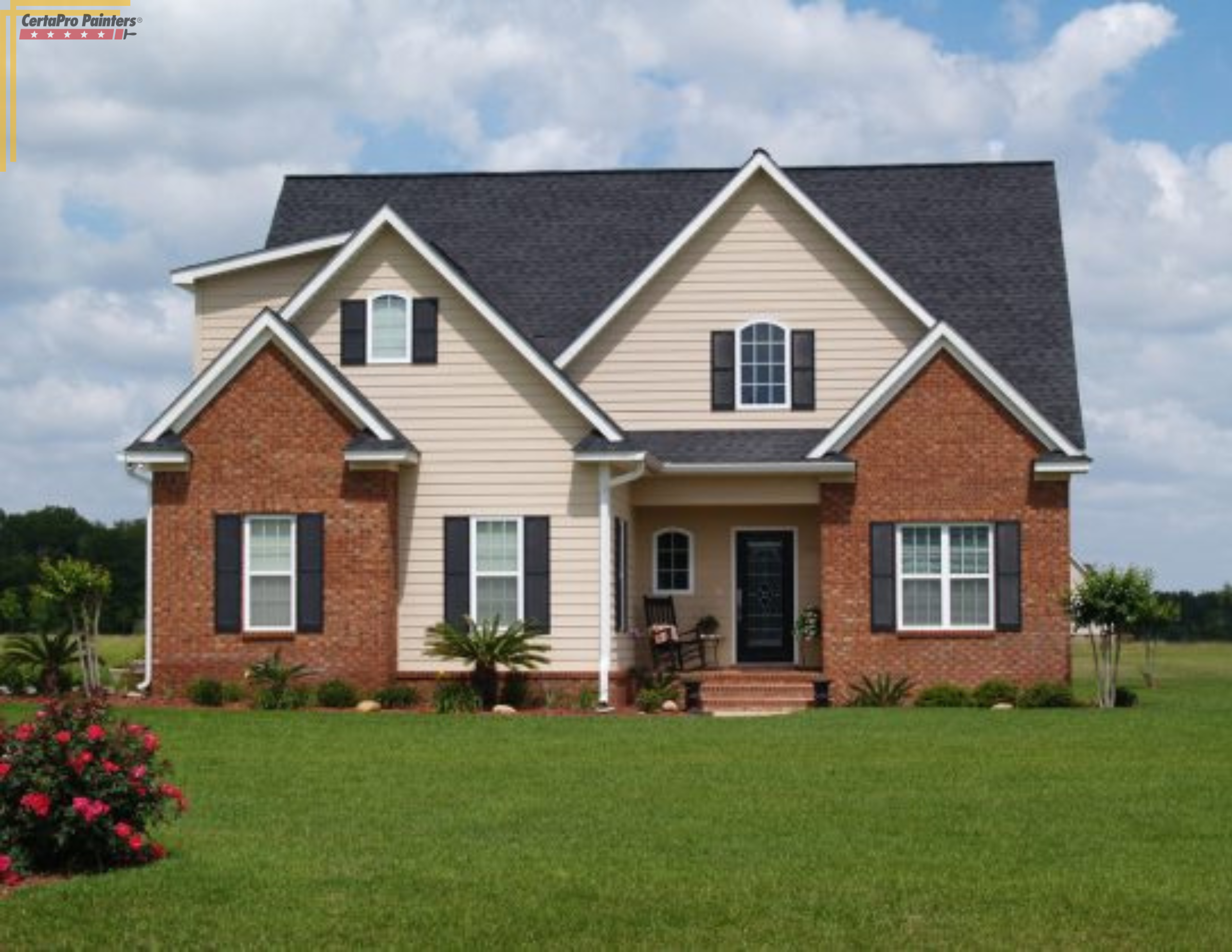 front of house with brick and beige siding