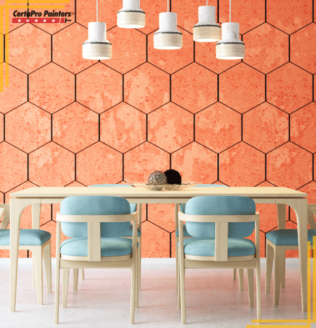 dining table in front of coral honeycomb patterned wall