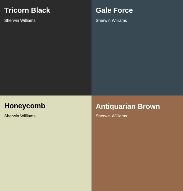 color cards of tricorn black, honeycomb, gale force, and antiquarian brown
