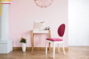 pale pink room with vanity and chair