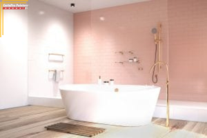 soaking tub in pale pink bathroom