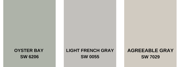 Oyster Bay, Light French Grey, and Agreeable Grey color swatches