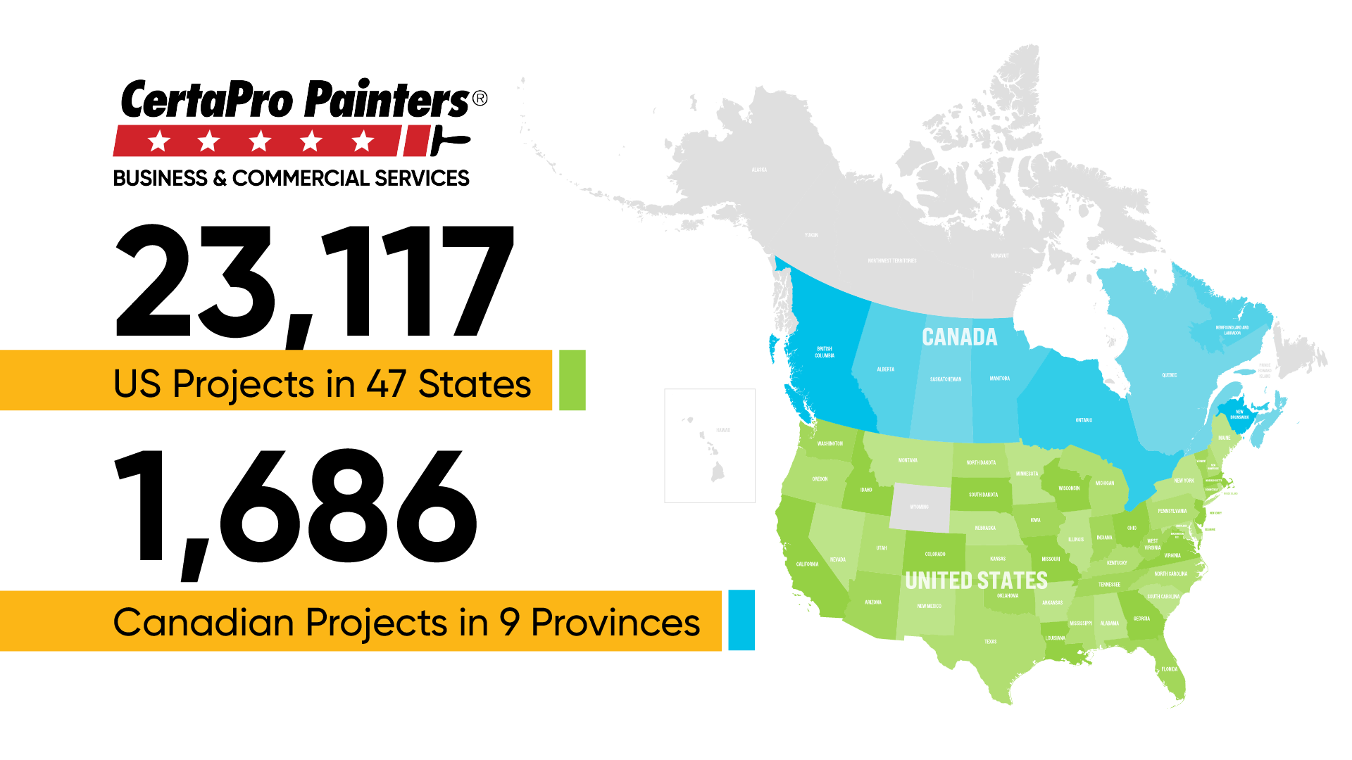 Map of Canada and USA showing work in 47 states and 9 provinces. 