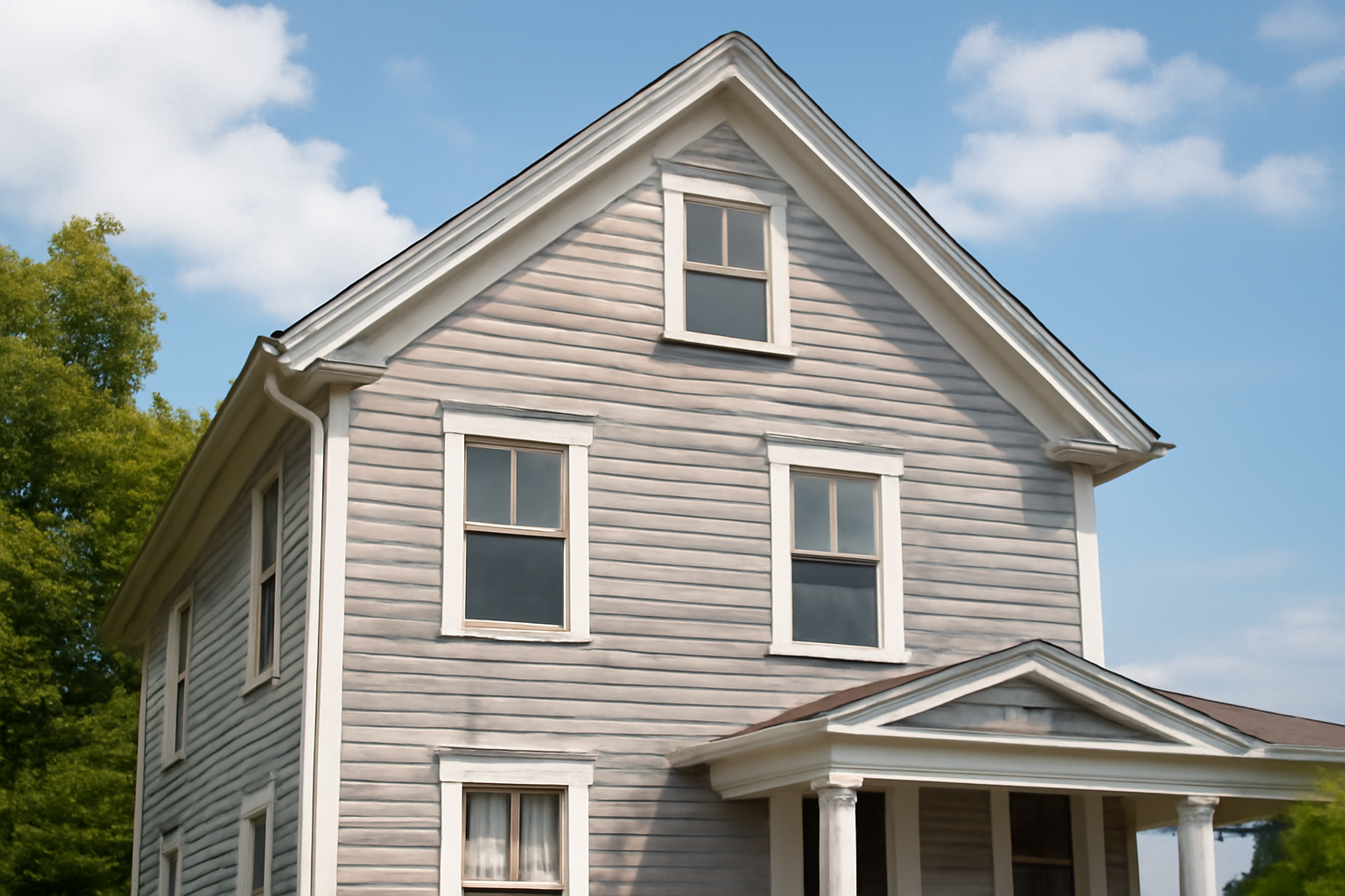 Faded exterior paint on an older residential home with visible discoloration and sun damage on siding