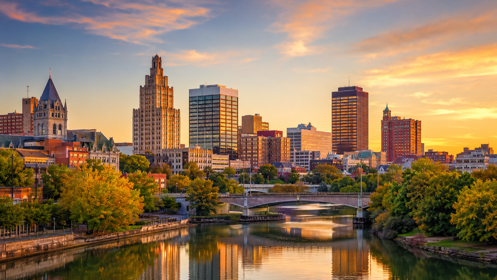 Downtown Syracuse, New York, skyline at golden hour