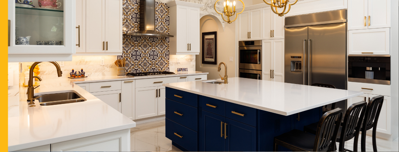 white and blue kitchen cabinets