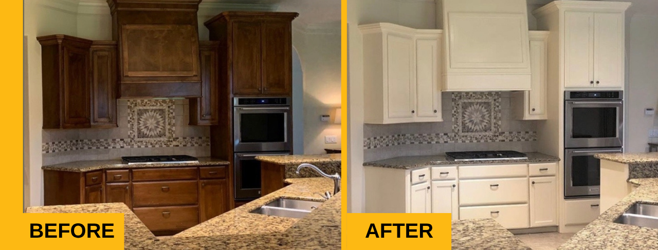 Before and after photos of a kitchen cabinet painting project