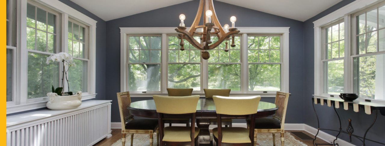 Sunroom with light blue painted wall interiors