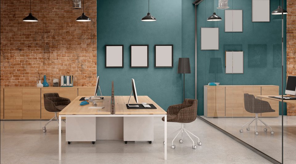 Small Office with two desks featuring Sherwin-Williams Encounter Commercial Color Palette.