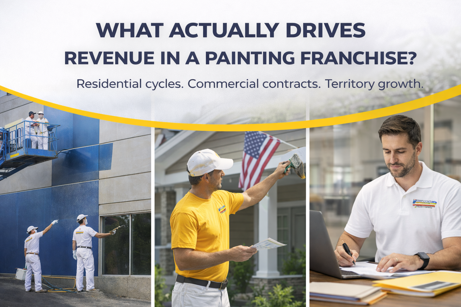 Commercial and residential painting projects alongside a franchise owner reviewing business documents