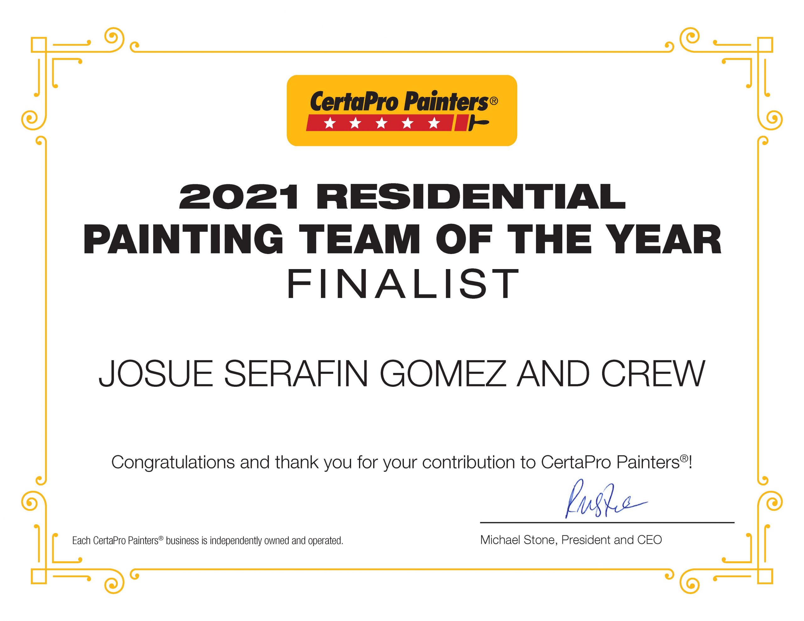 certapro blue bell josue serafin gomez painting crew of the year 2021