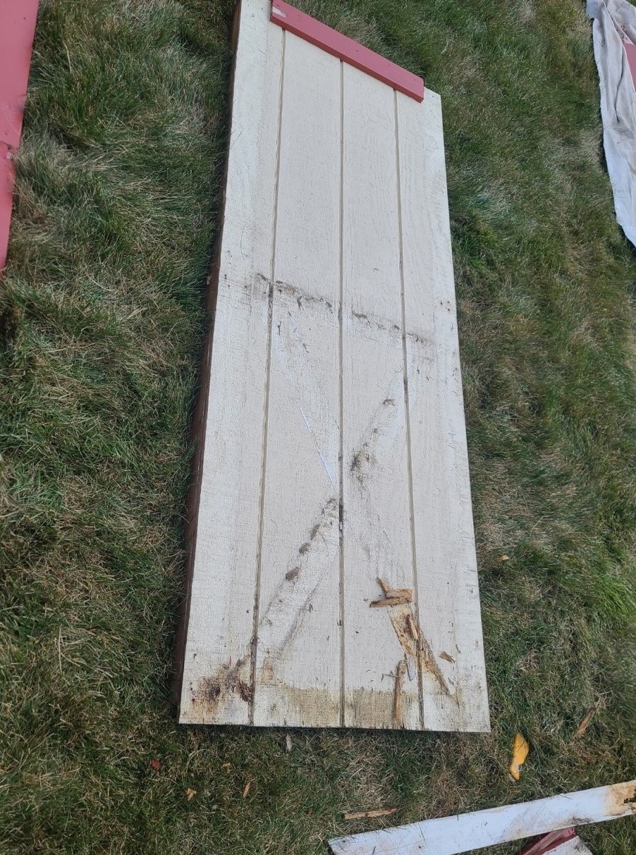 shed door before carpentry & repainting