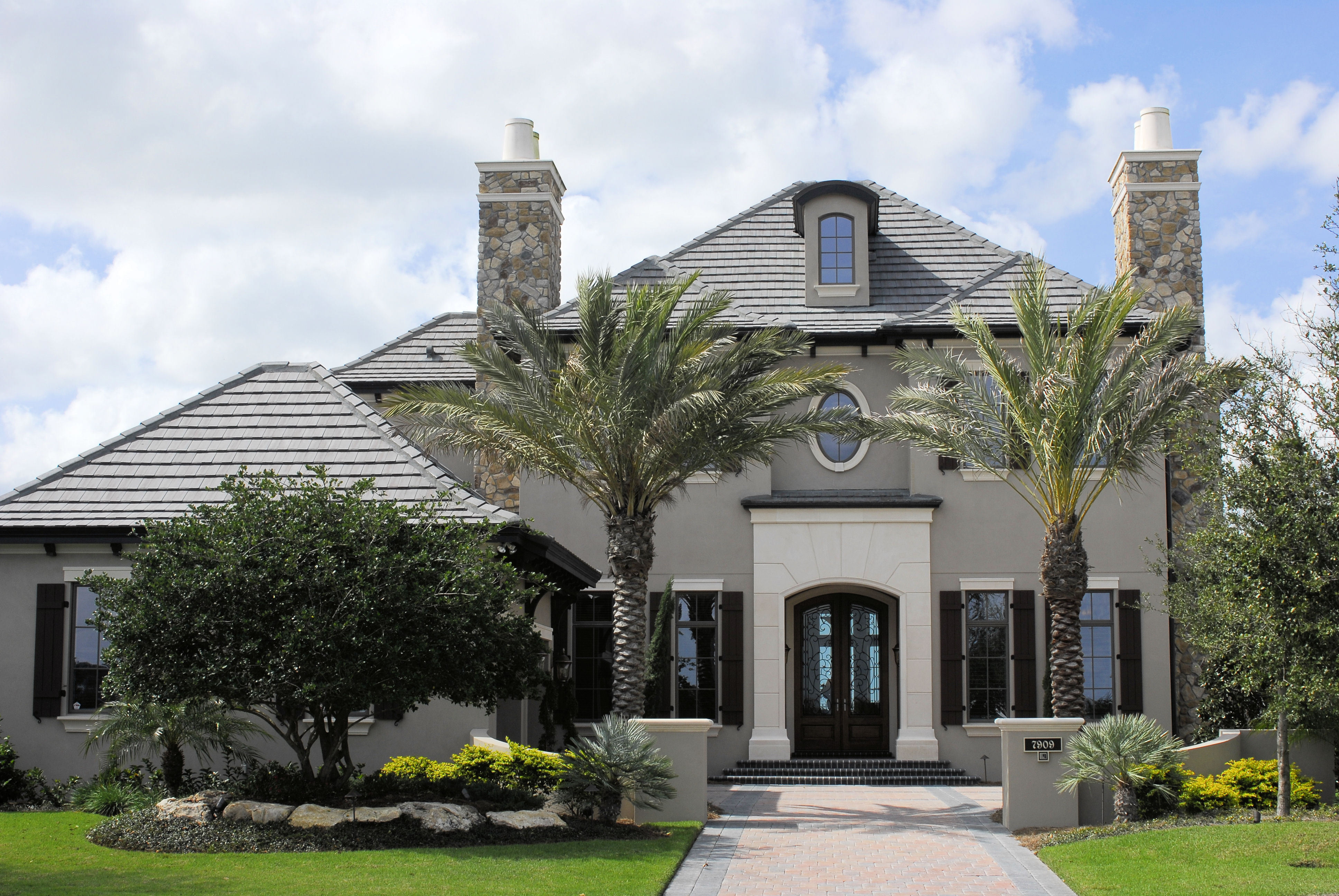 Gray stone stucco exterior of home