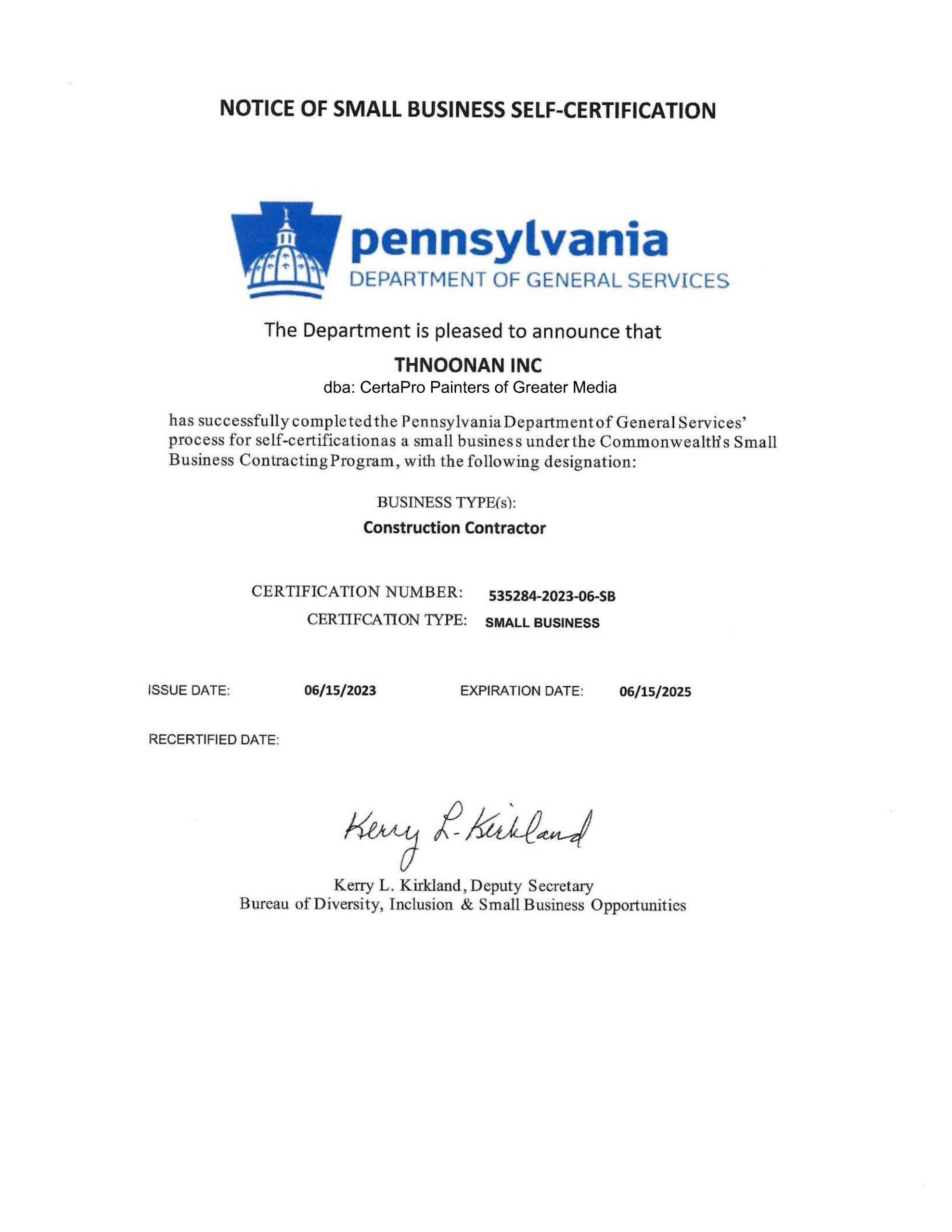 Small Business Certification Professional Painting Company