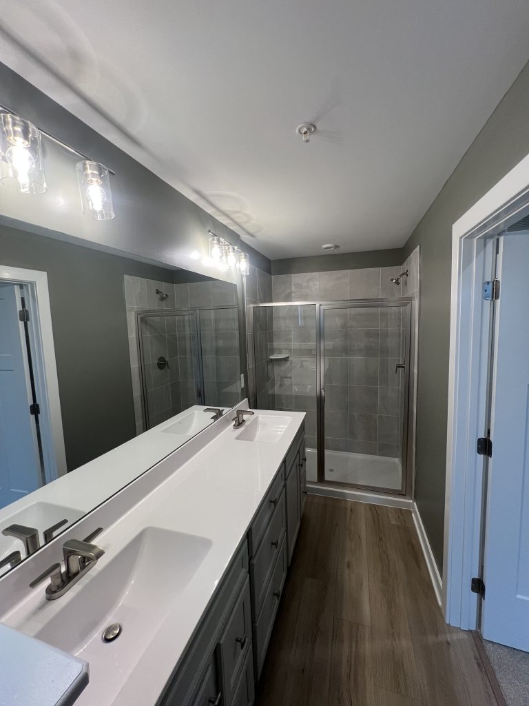 master bathroom interior with dark painted walls