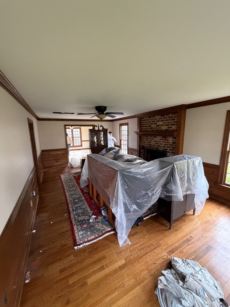 living room interior with wood trim