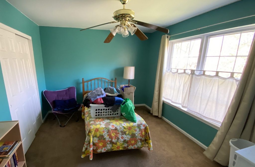 teal walls in carpeted bedroom