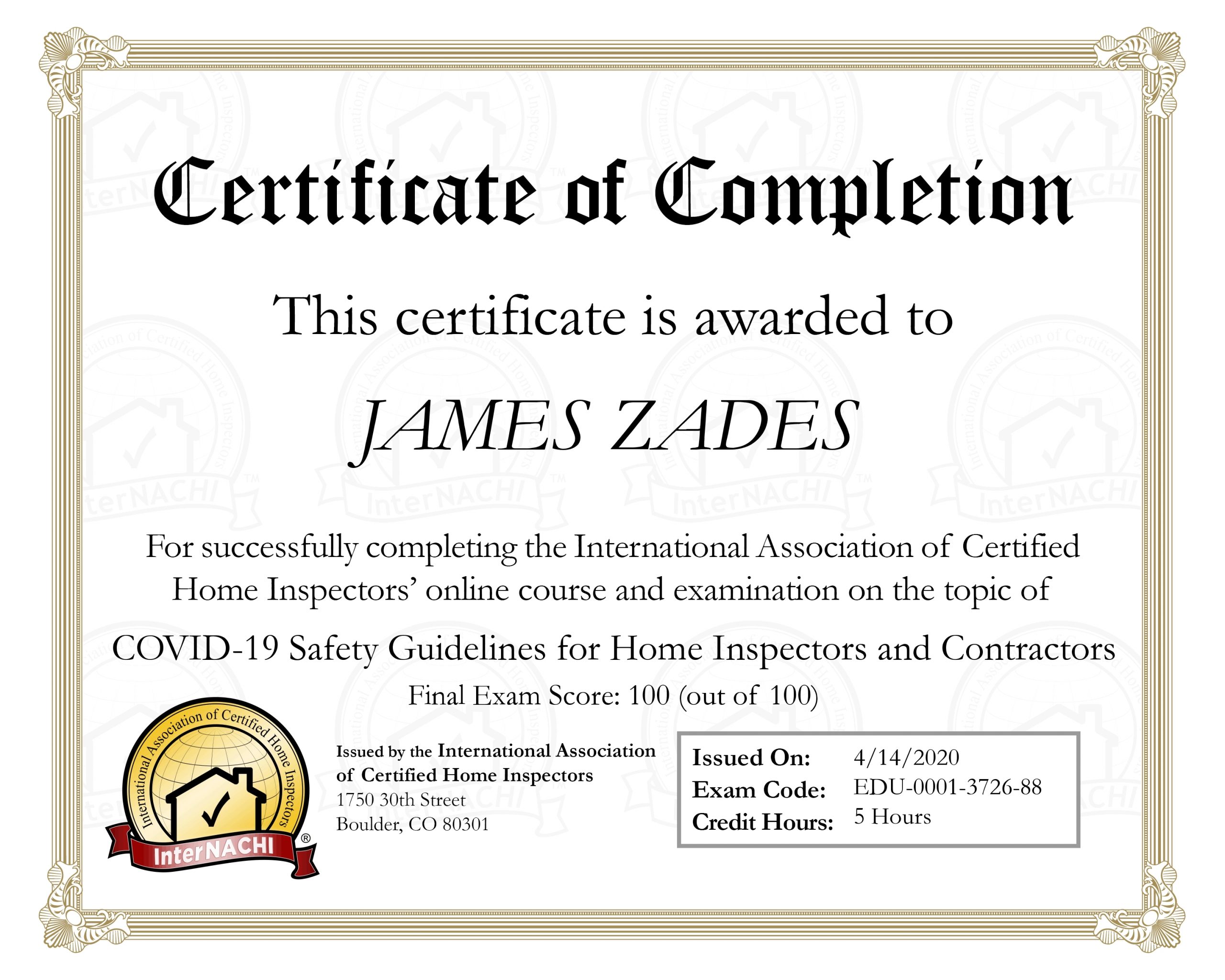 Jim Zades - COVID Safety Certificate of Completion