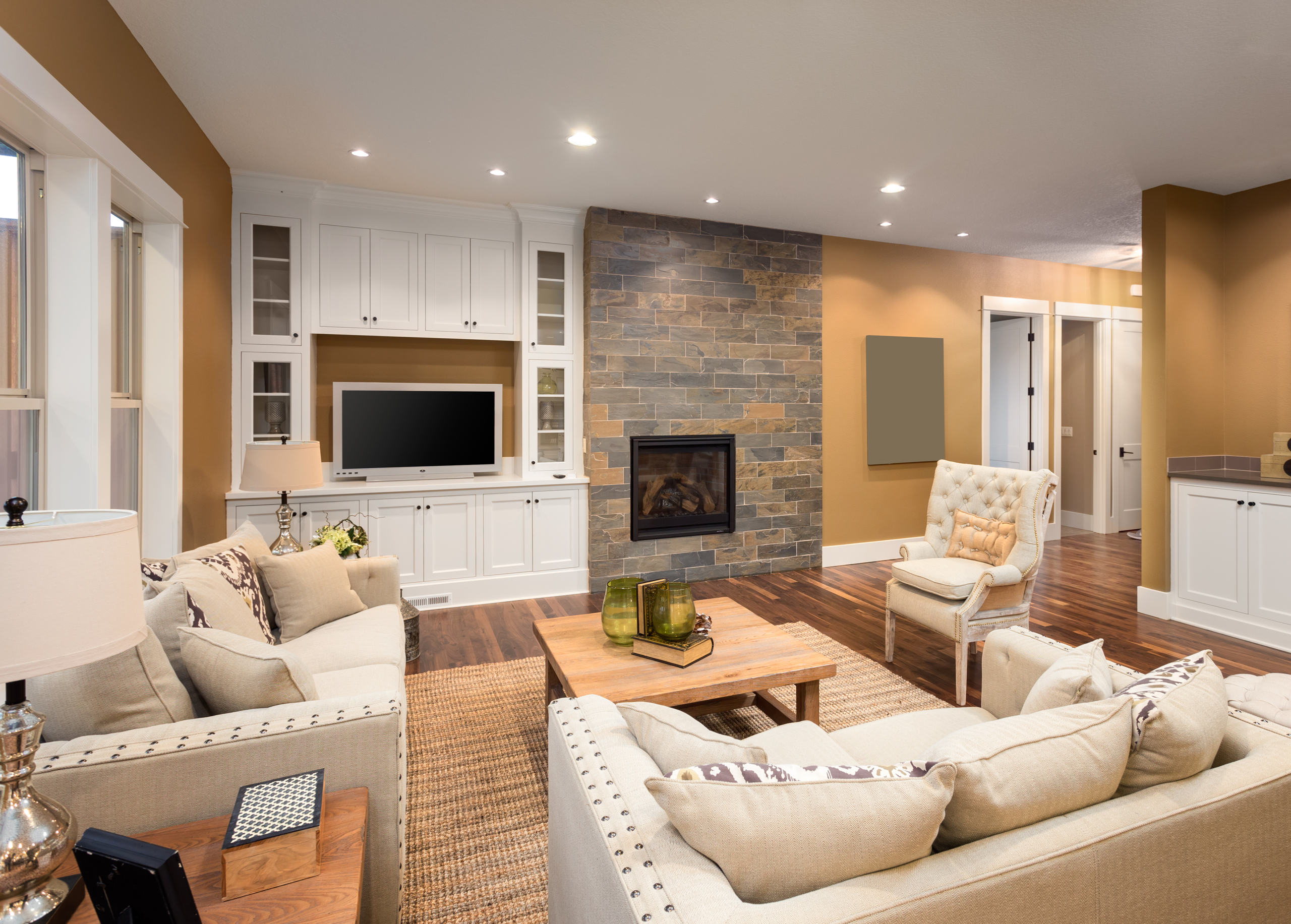 beige living room with fireplace