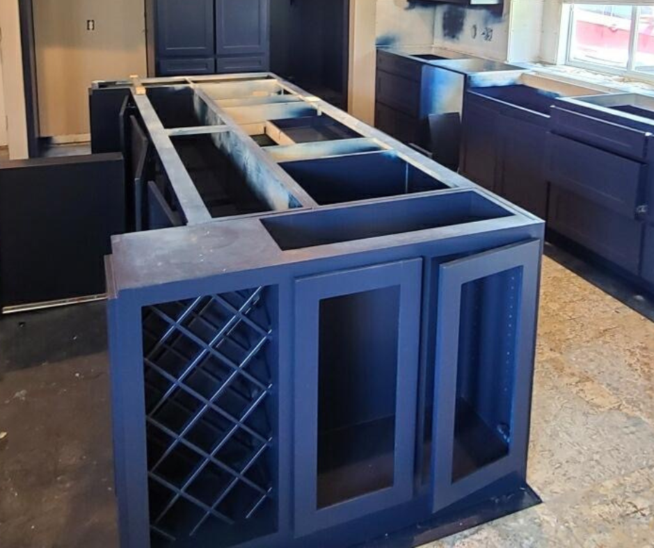 blue cabinets in the process of being repainted