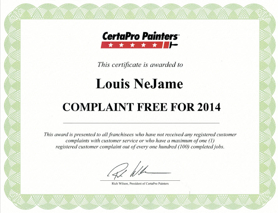 CertaPro Painters is recognized for being Complaint Free for 2014