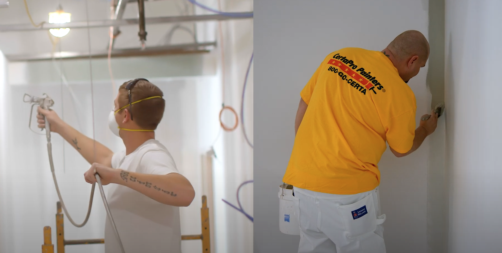 2 painters - one is spraying the paint and one is rolling paint