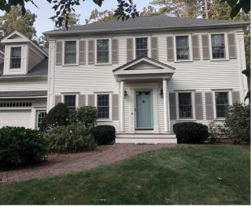 White with beige shutters Georgian Colonial home in Duxbury MA