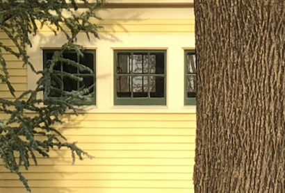 Yellow house with dark green window grids