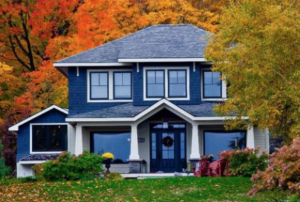 blue house with white and black trim