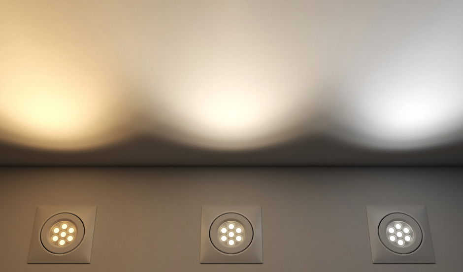 three lightbulbs from warm to cool