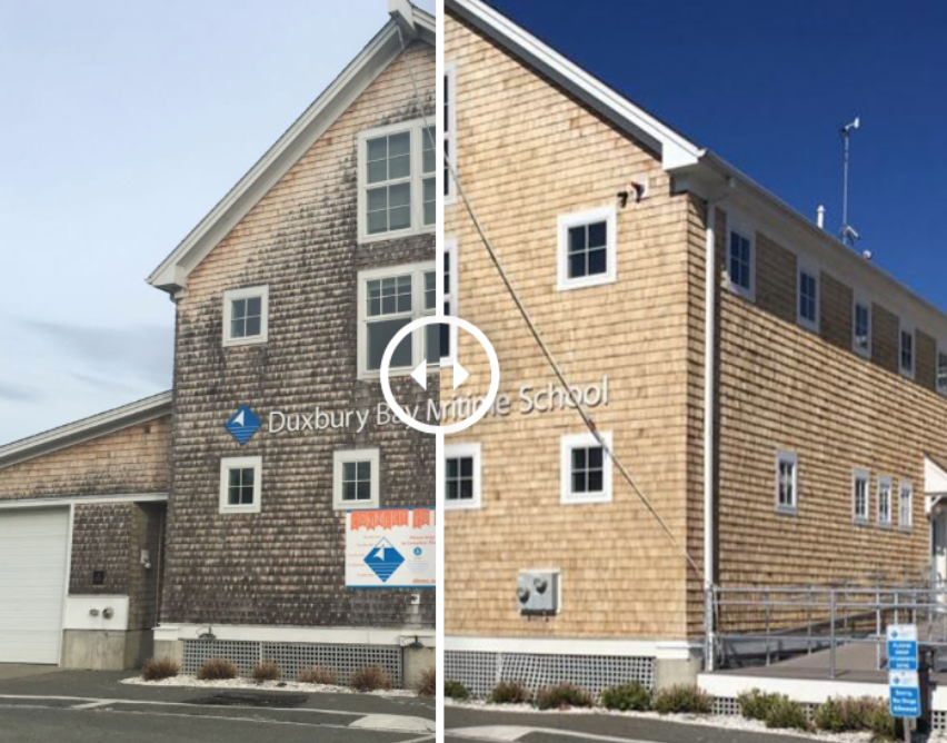 Before and after of shingles at Duxbury Bay Maritime School building