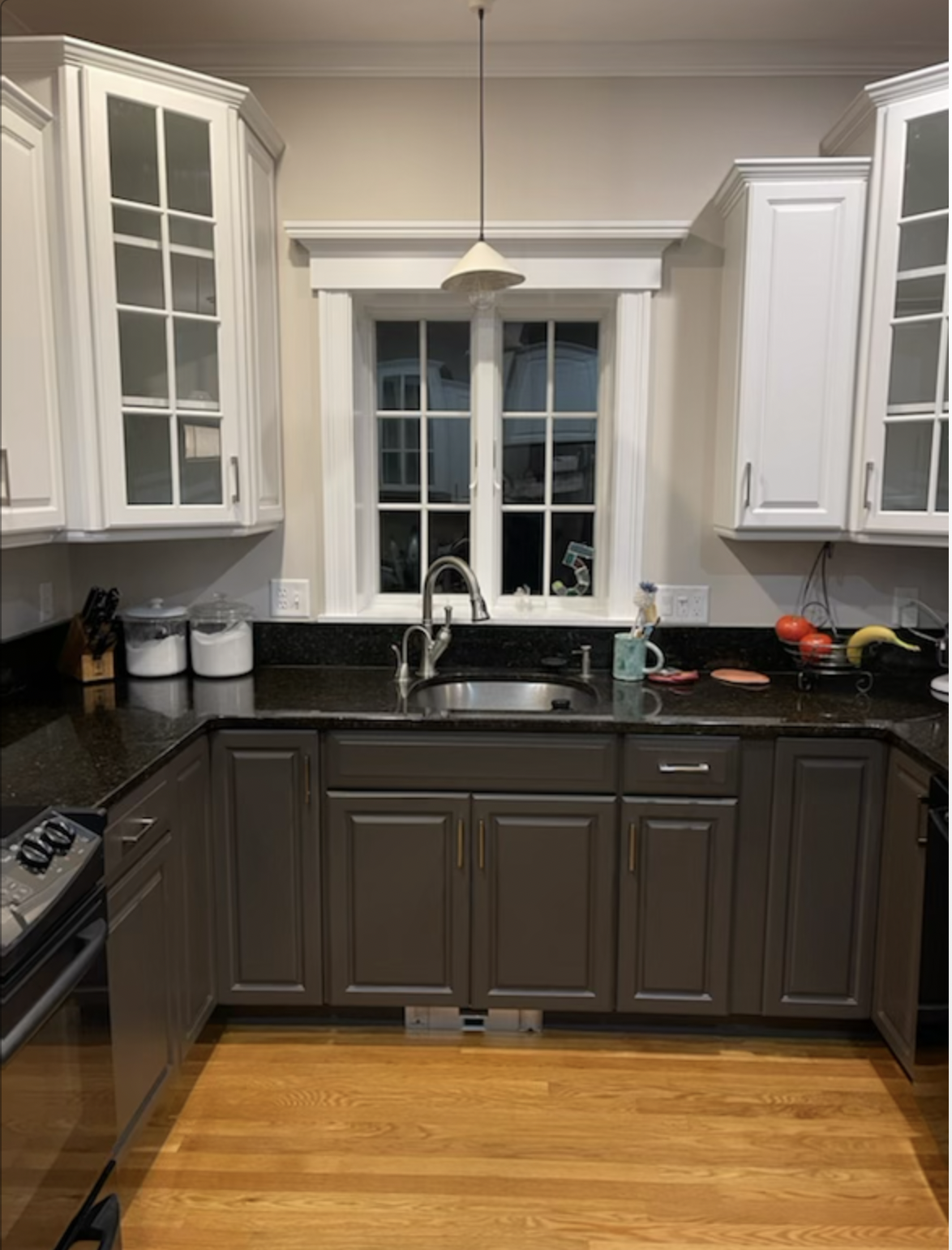 kitchen white cabinets on top, brown on bottom