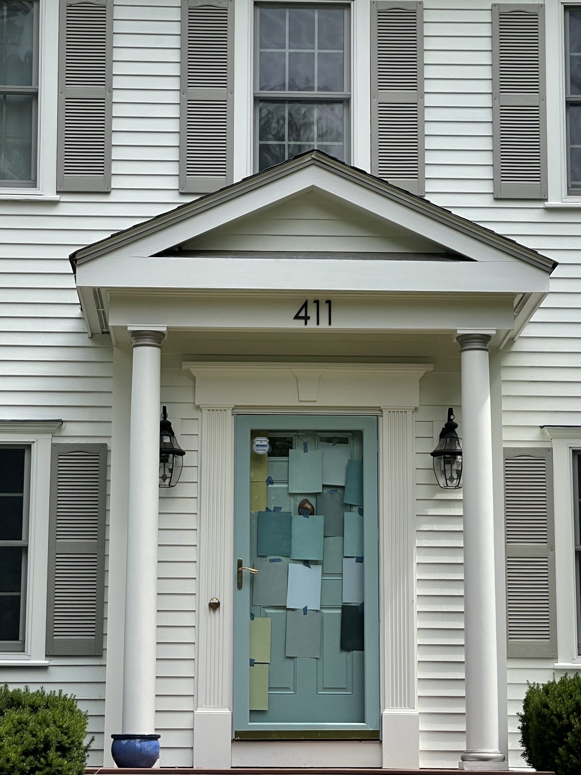 Door with lots of paint color samples taped to it.