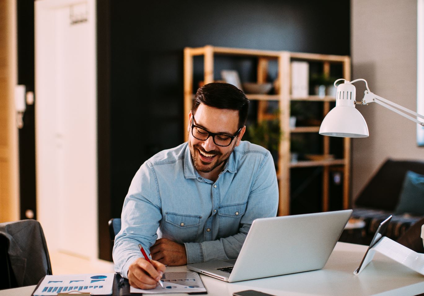 man working in home office