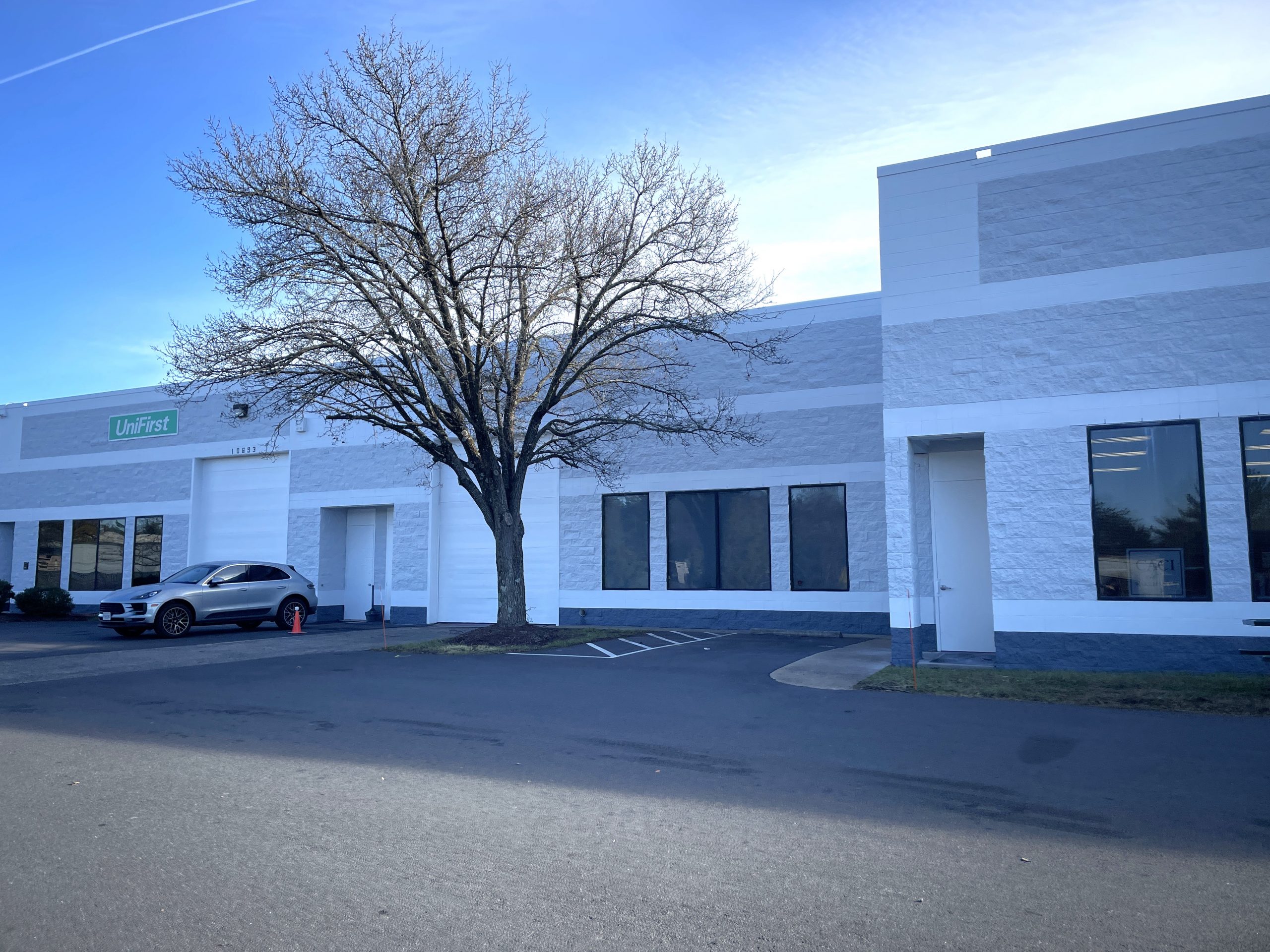 commercial warehouse facade with fresh paint