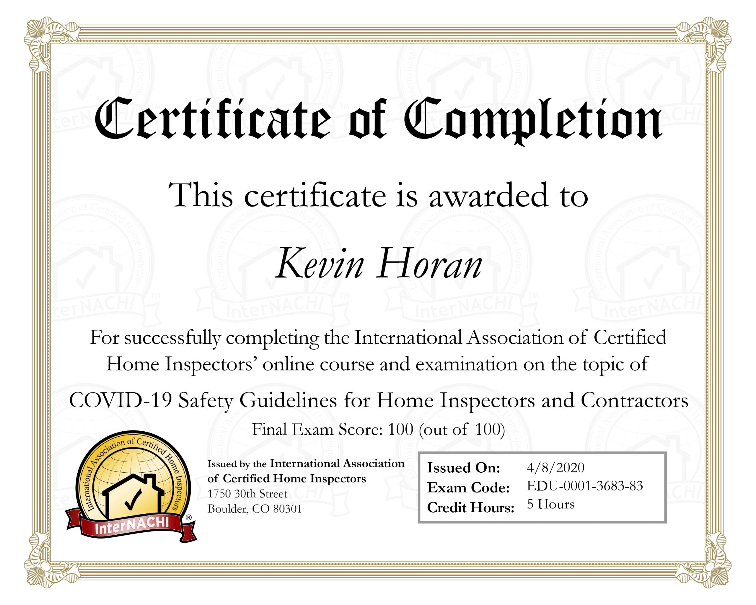Kevin Horan Covid 19 Certificate