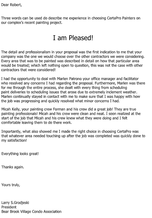 Bear Brook Village Condo Association Letter of Recommendation for CertaPro of North Bergen County