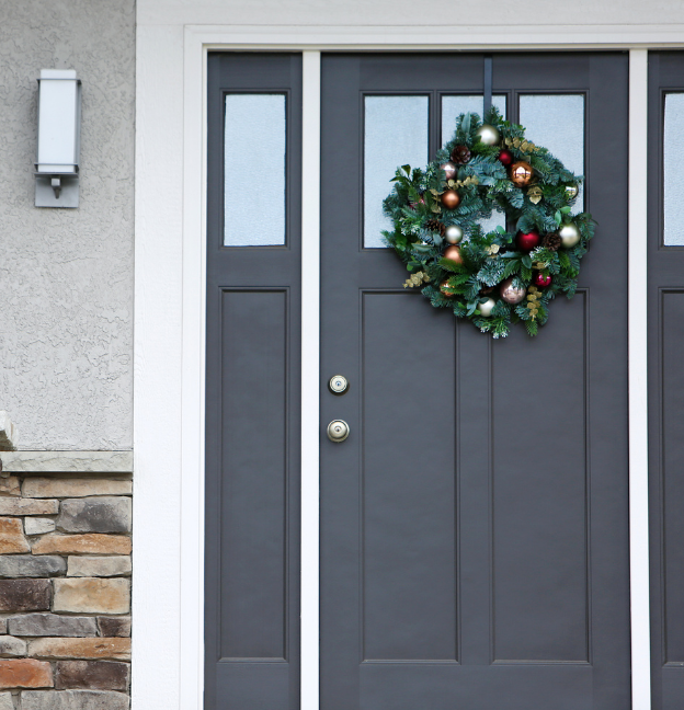 Front door painted Amherst Gray by Benjamin Moore