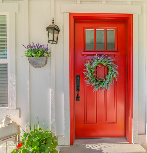 Red front door painted Dinner Party by Benjamin Moore