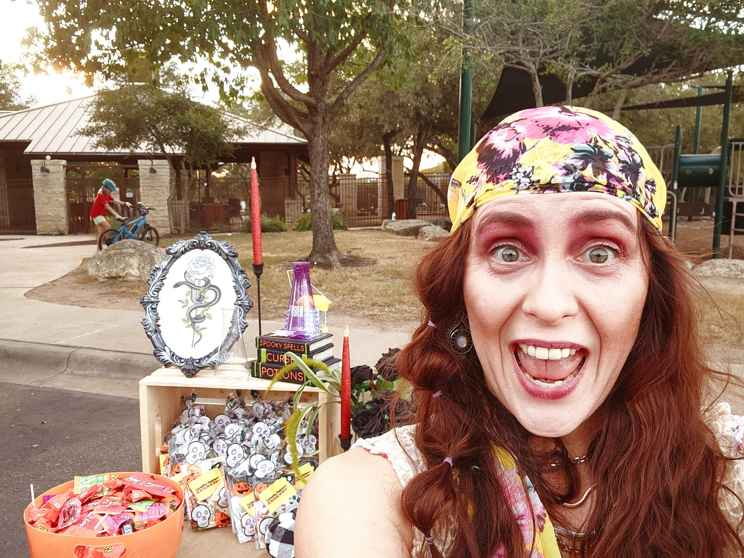 woman with Halloween decor