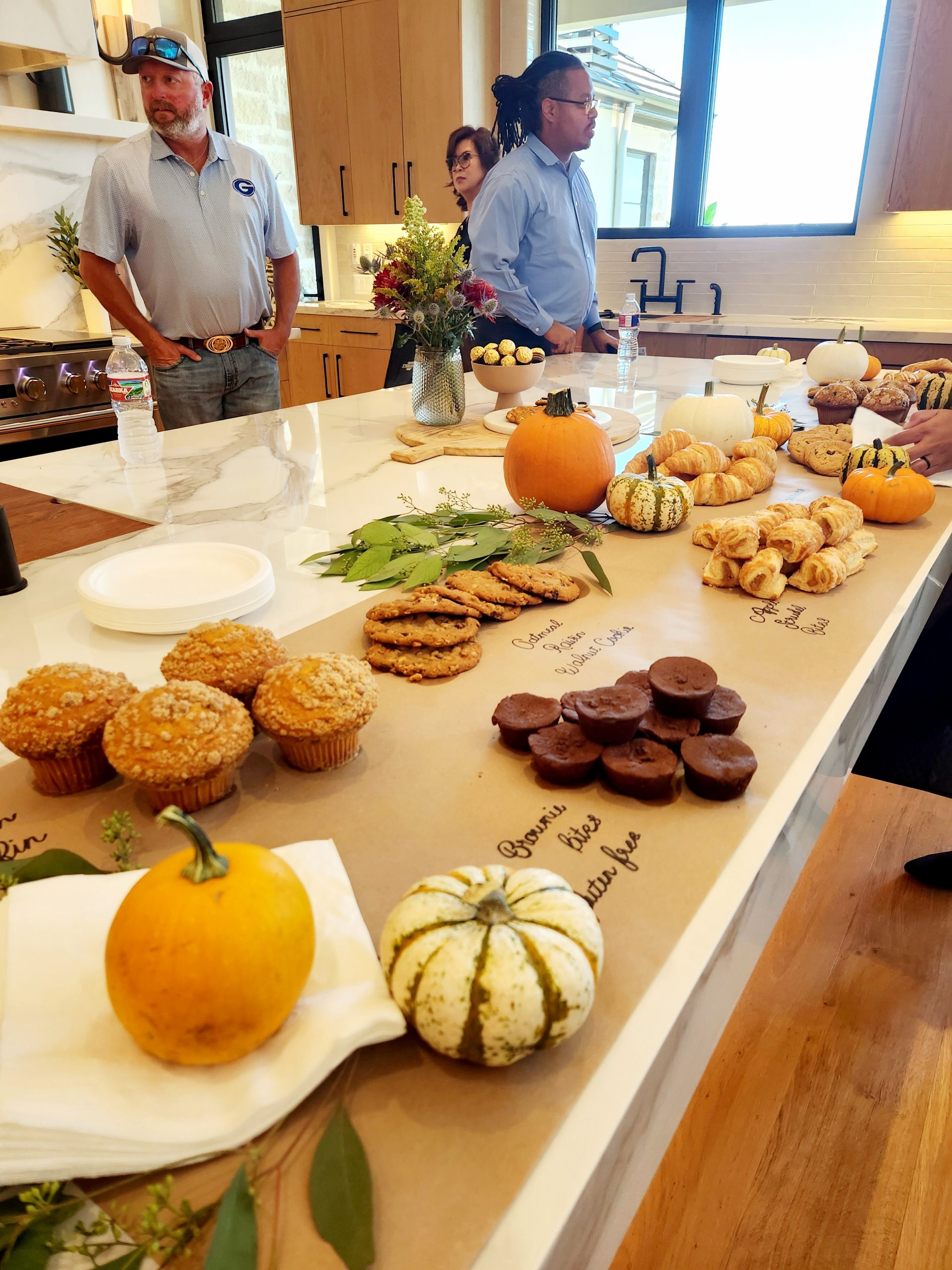 kitchen island with baked goods