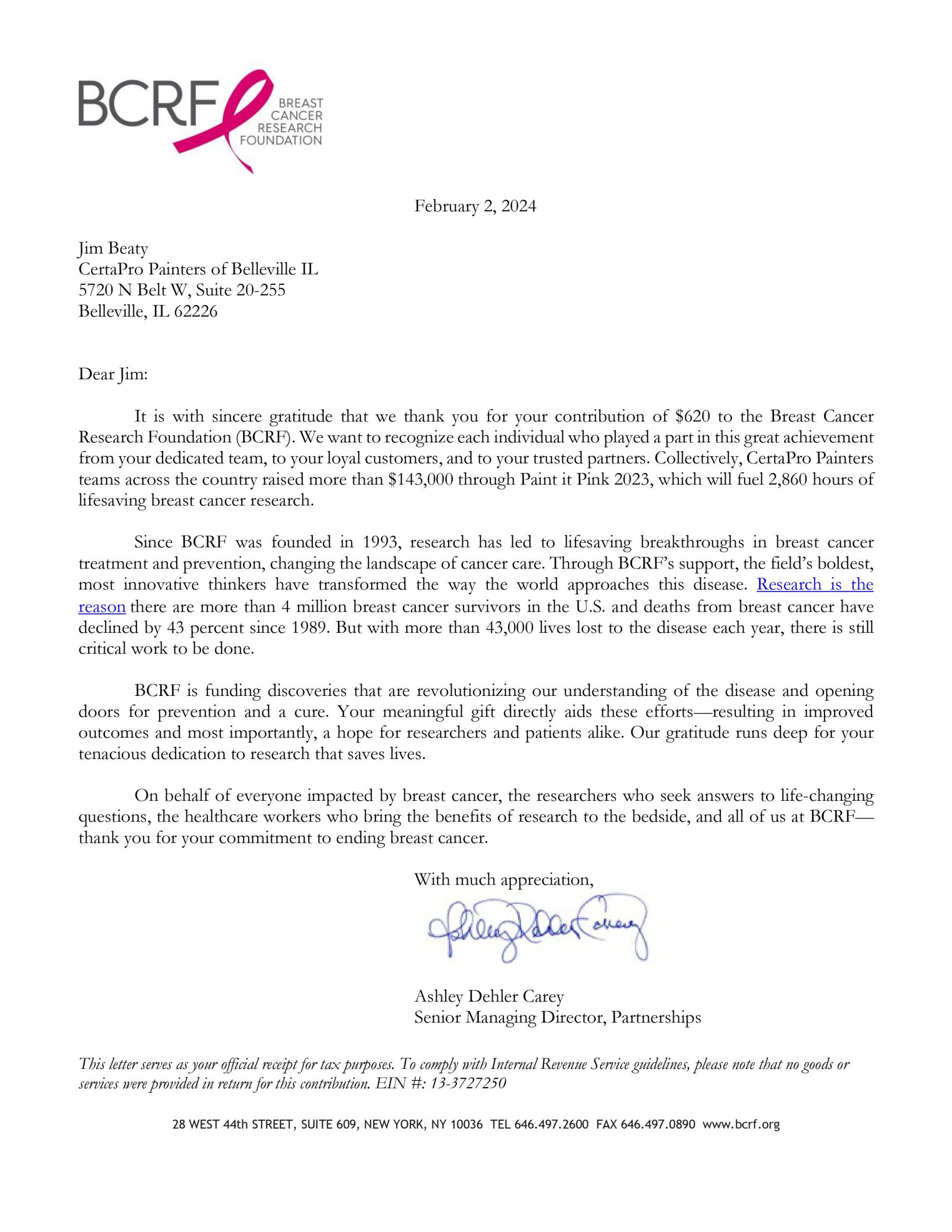 CertaPro Belleville Paint it Pink 2023 Acknowledgement Letter
