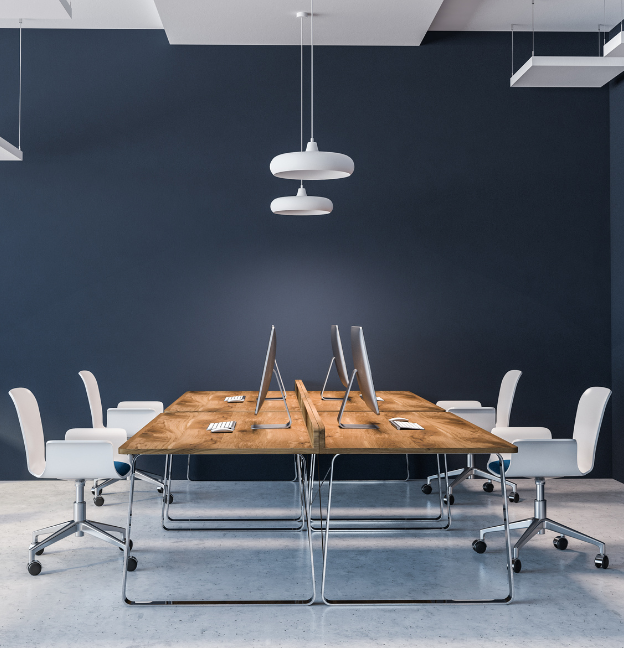 blue office and white chairs