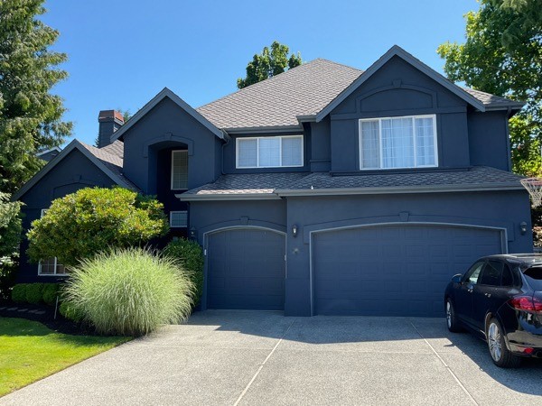 front of blue painted house exterior