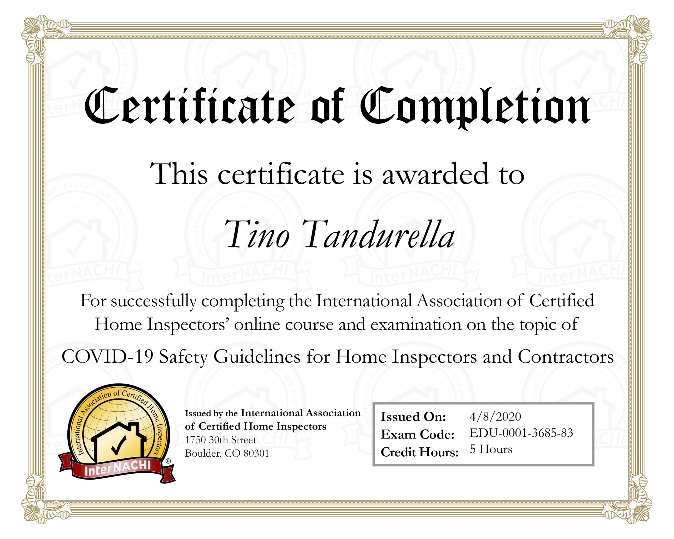 CertaPro Painters of Hoboken, NJ InterNachi COVID-19 Safety Training Certificate 