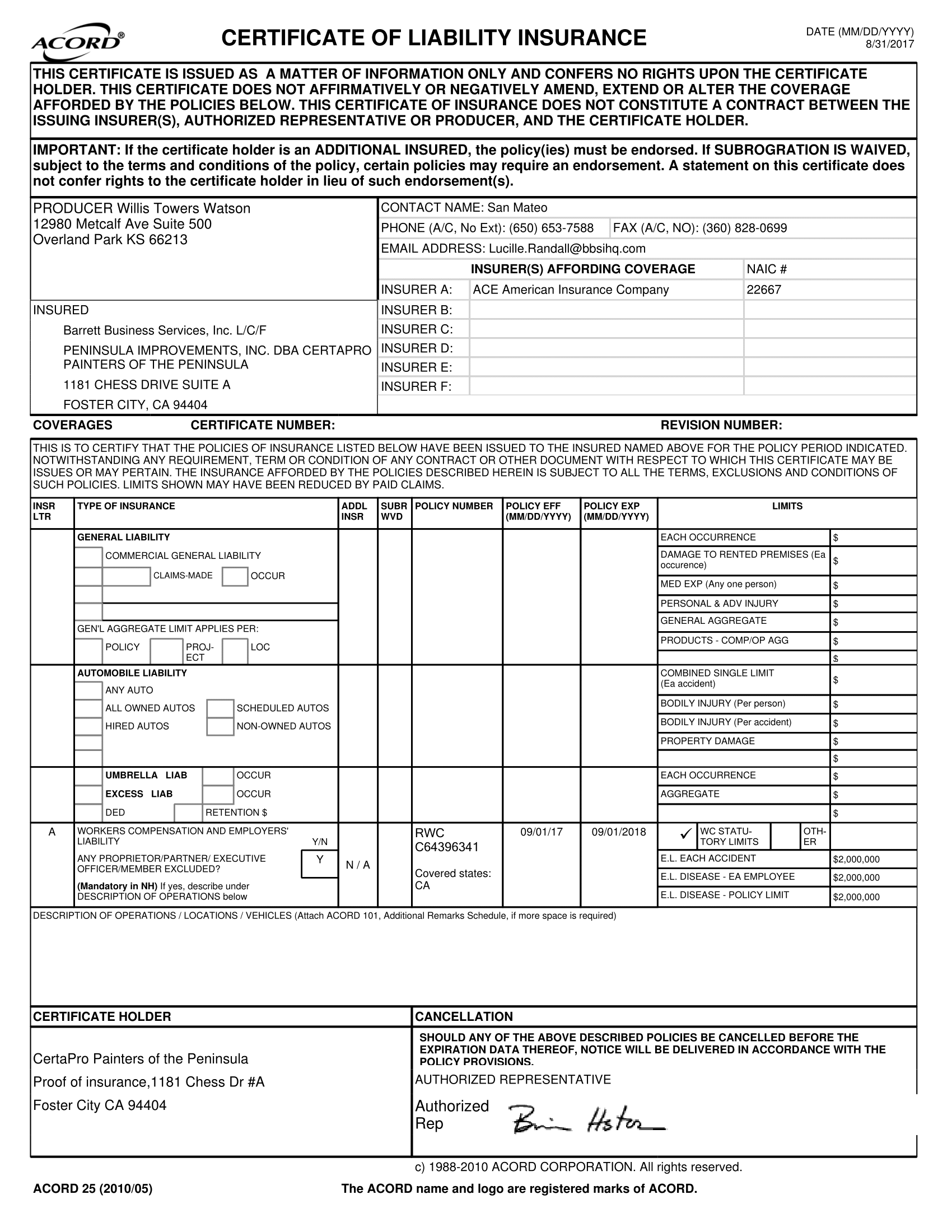 Workers Compensation Insurance Certificate