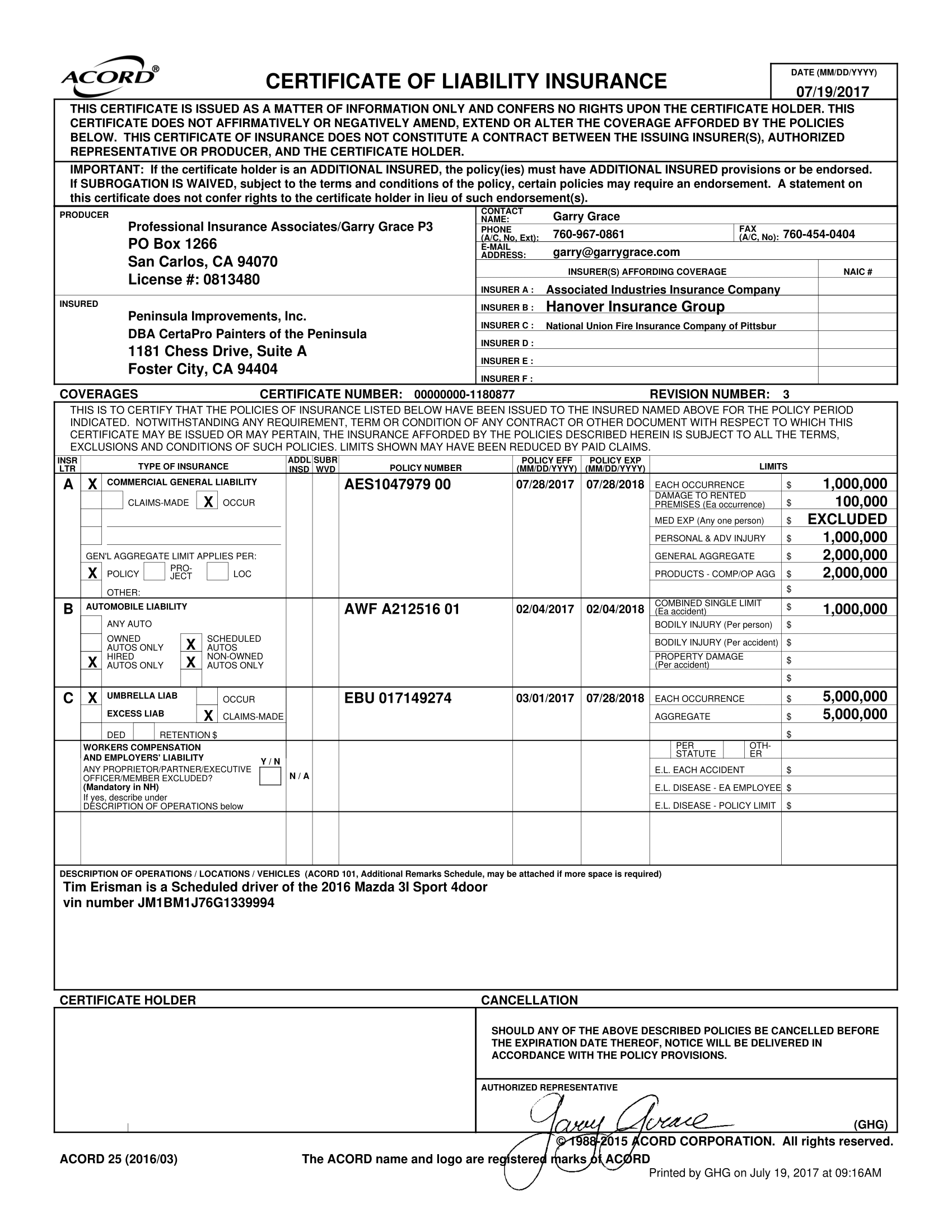 General Liability Insurance Certificate