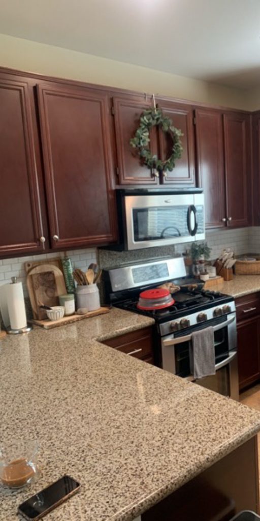 kitchen cabinets before being repainted.