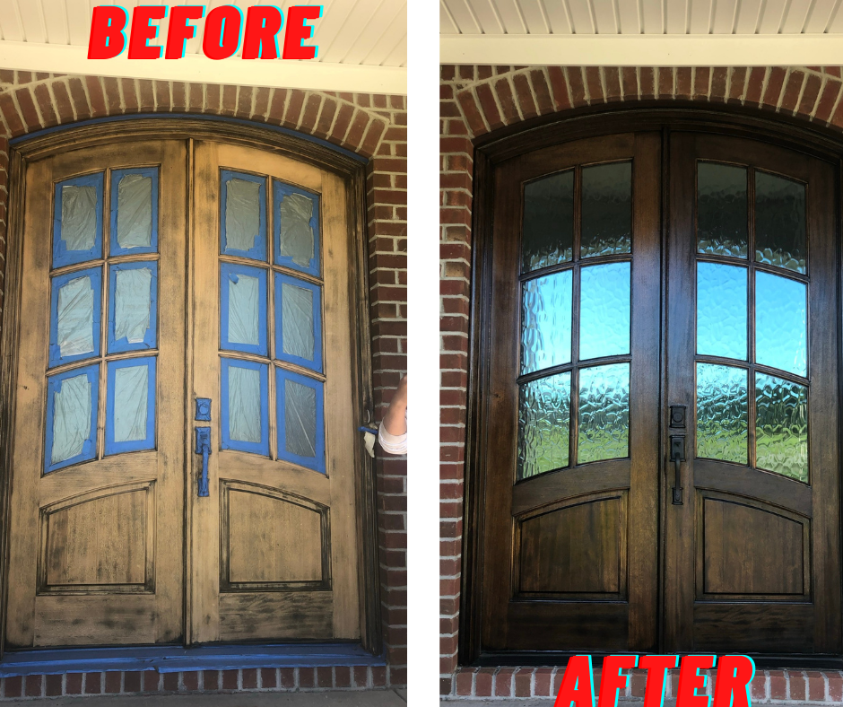 Before and After photo of door staining in Clayton NC 